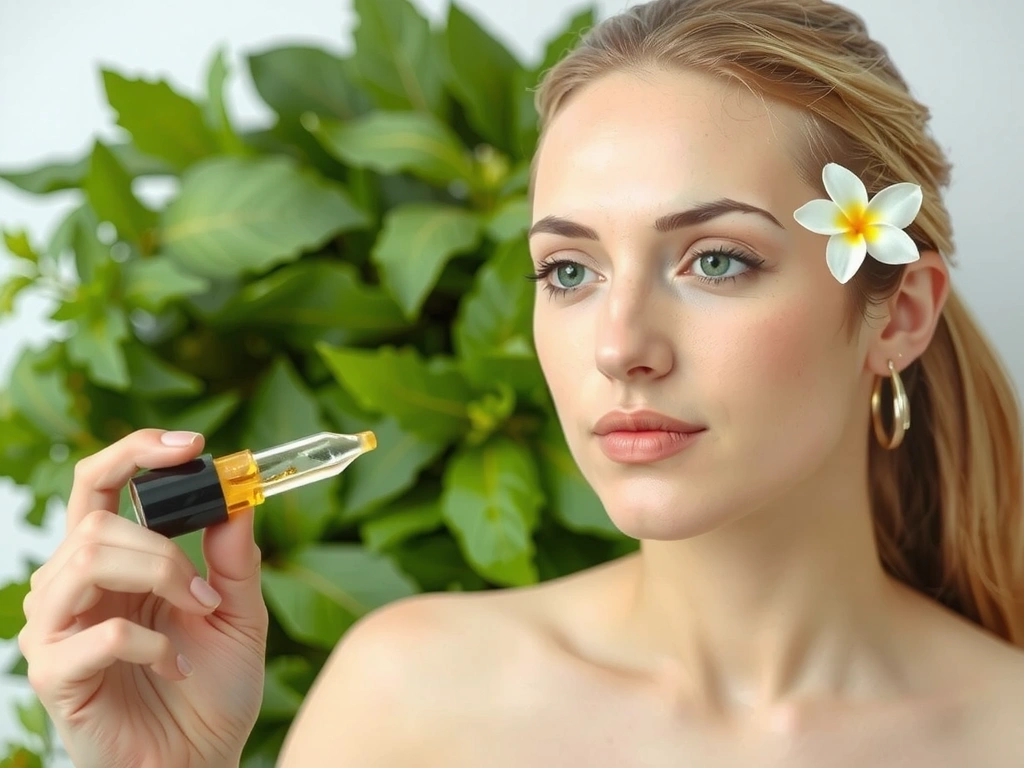 Donna che applica un prodotto naturale sul viso con ingredienti botanici sullo sfondo